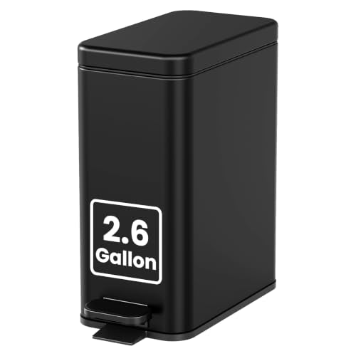 Cesun Small Bathroom Trash Can with Lid, 2.6 Gallons, Black, Soft Close