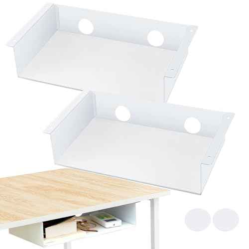 2 Pack Under Desk Hanging Shelf, Carbon Steel Storage Tray with Mute Felt Sheets, Mount Shelves Organizer for Office Home Workstation Gaming Desk Stand up(13x8x2.8 in/Storage Shelf,White)