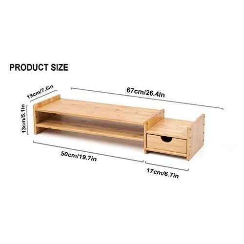 Monitor Stand Riser Desk Organizer-Bamboo 2 Tier Laptop Stand With Drawers, Adjustable Desktop Storage Organizer For Computer, Printer, Cellphone-Use In Office,Home /Reduce Neck &Eye Strain(Basic)