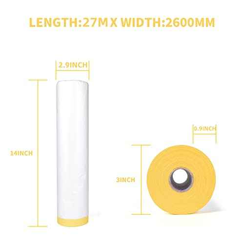 TAPEBEAR Pre-Taped Masking Film, Tape and Drape, Plastic Sheeting Roll, Automotive Painters Masking Tape Film, Plastic Sheeting Cover for Appliance and Furniture, 9feet X 90feet, 2600mmx 27m,3Rolls