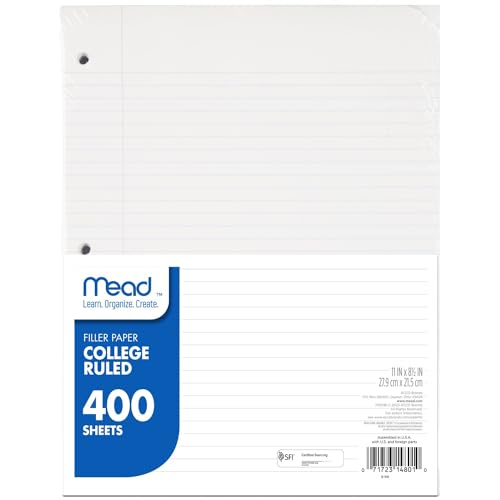 Mead Loose Leaf College Ruled Filler Paper Pack of 1, 400 Sheets, 8.5" x 11" for Binders