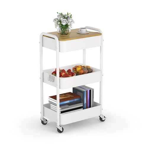 3 Tier Metal Utility Cart, Rolling Storage Cart with Wooden Tabletop, Metal Organizer Cart with Lockable Wheels for Office, Bedroom, Kitchen and Living Room (White)