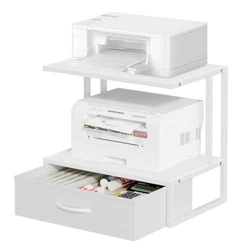 Printer Stand with Storage for Desk, with Fabric Drawer Desktop Printer Stand Shelf Organzier for Home Office, for Above and Under Desk Printer Table, Fax Machine Copier Scanner, White