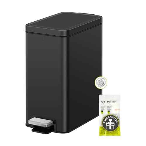 EKO Small Bathroom Trash Can with Lid Soft Close, Step Pedal, 10 Liter / 2.6 Gallon Stainless Steel Garbage Can with Removable Inner Bucket, Anti-Fingerprint Finish (Matte Black)