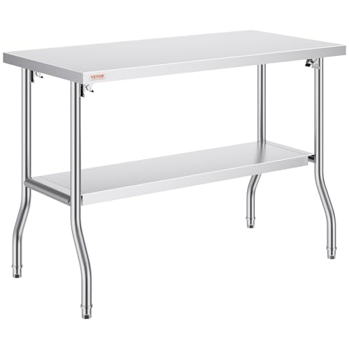 VEVOR Double Layer Stainless Steel Foldable Work Table 48x24 Inch for Commercial Kitchen & Outdoor Use