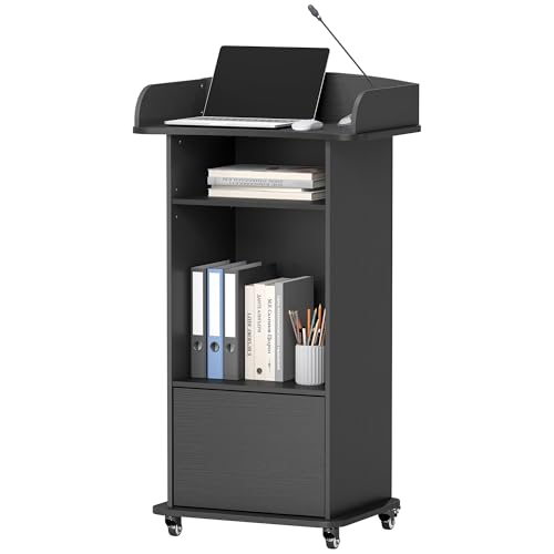 Suuiwau Portable Podium Stand with 4 Wheels, Black – Mobile Lectern with 2 Shelves, Cabinet & Desk for Church, Classroom, Restaurant, Office