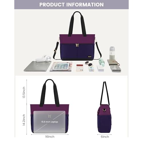 LOVEVOOK Laptop Bag for Women 15.6 Inch Canvas Laptop Large Capacity Work Bags Mutiple Pockets Teacher Bag Water Resistant Computer Bags for Business Travel Nurse, Dark Purple-Black
