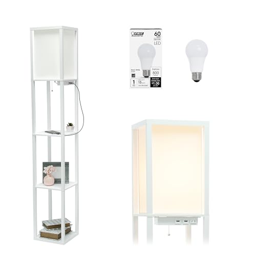 Simple Designs LF1037-WHT-LB Three Shelf Etagere Organizer Storage Floor Lamp with 2 Dual USB Ports and Charging Outlet, White, with Feit LED Bulb Included