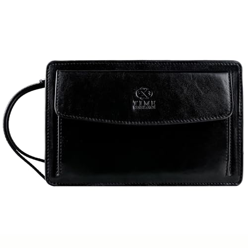 Time Resistance Leather Clutch for Men – Black Organizer Wrist Bag, Handmade in Italy