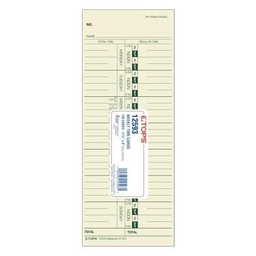 TOPS Time Cards, Weekly, 1-Sided, Replaces M-33, 10-800292, 3-1/2" x 9", Manila, Green Print, 100-Count (12593)