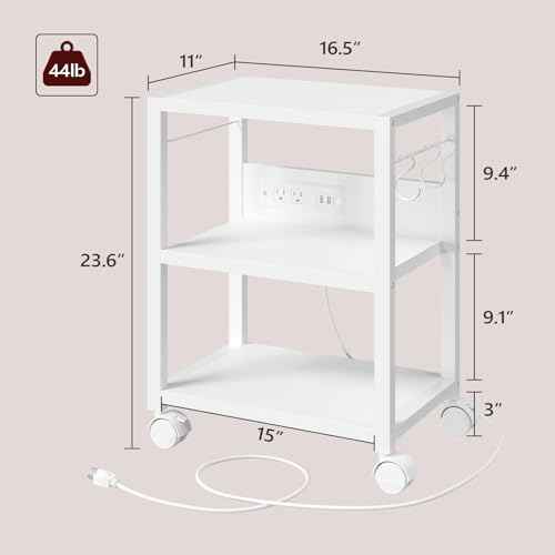 Industrial Printer Cart, 3-Tier Mobile Printer Stand, Rolling Cart with 2 AC Outlets and 2 USB Ports, Home Printer Stand with 2 Hooks, for Office, Living Room, White PTWT40E01