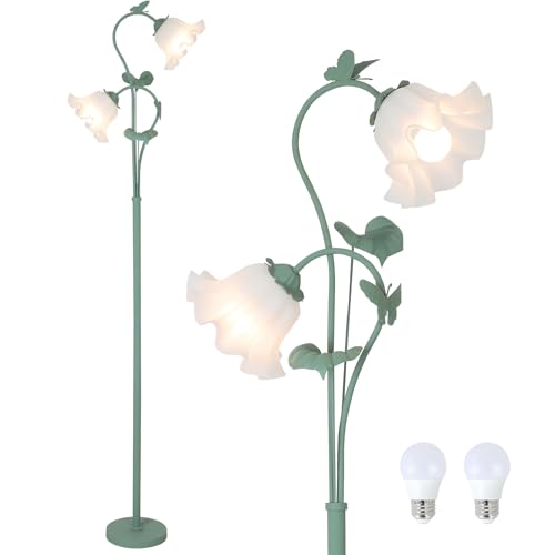 HMVPL Flower Floor Lamp for Living Room, Vintage Floor Lamp with 2 LED 5W Blubs, Foot Switch, Green Standing Lamp with Acrylic Shade, Unique Floral Tall Lamp for Living Room Bedroom Corner Office