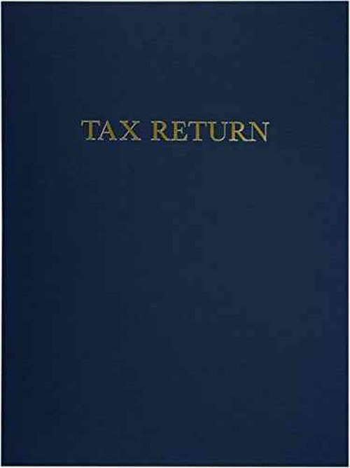 LUXPaper 9" x 12" Tax Return Folders | Two Pocket | Nautical Blue Linen | Gold Foil Text | 100lb. Cover | 50 Qty