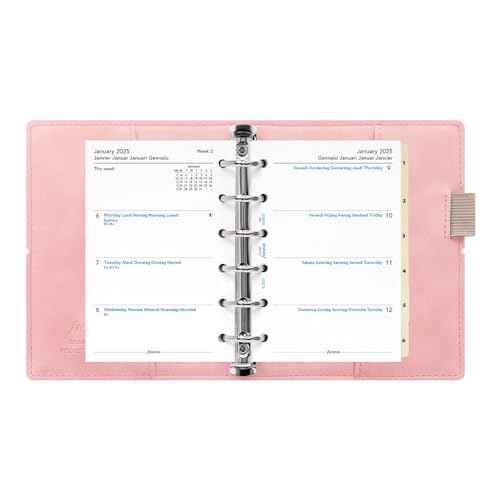 Filofax Domino Soft Organizer, Pocket Size, Pale Pink - Smooth, Leather-Look, Grain Effect, Tactile, Six Rings, Week-to-View Calendar Diary, Multilingual, 2025 (C022581-25)