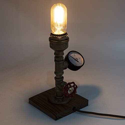Steampunk Lamp with Dimmer, Dimmable Loft Style Industrial Vintage Antique Style Light with Bulb, Wood Base with Iron Piping Desk Lamp, Retro Desk Lamp LL-025