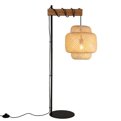 Bamboo Floor Lamp for Living Room, Boho Hand-Worked Woven Cake Lampshade Standing Lamp with Foot Switch, Industrial Black Tall Floor Light Decoration for Bedroom, Farmhouse