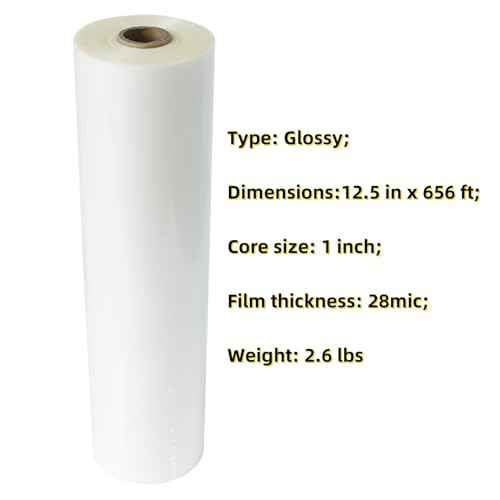 12.5 in x 656 ft Glossy Thermal Laminating Film, 1" Poly-in Core for Hot Roll Laminating Machine 28 mic Thickness