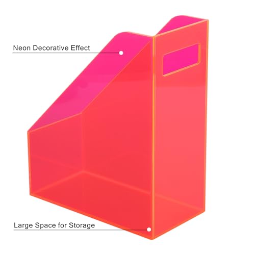 Acrylic Magazine Rack Desk File Holder Organizer for Office Desktop Vertical Magazine Storage Box, 12 x 10 x 5'', Neon Pink