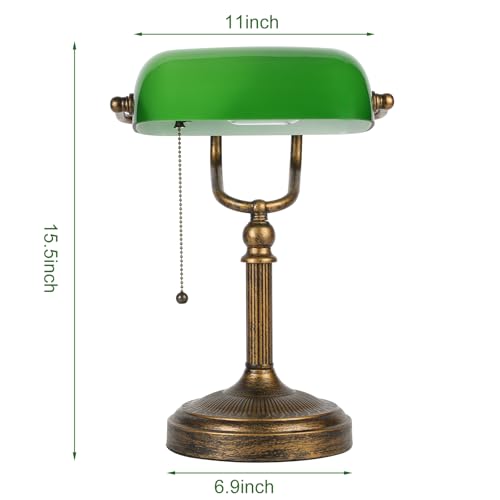 NISSAFORS Bankers Desk Lamp, Green Glass Shade, Vintage Desk Lamp with Pull Chain Switch, Retro Table Lamps for Home Office (Retro Gold+Green, Large)