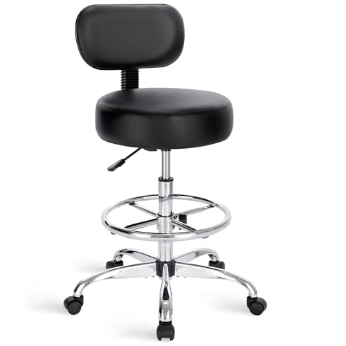 SUPERJARE Black Drafting Chair with Backrest & Adjustable Footrest - Rolling Stool