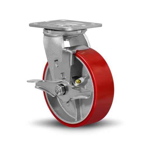 SY America 6" X 2" Caster Wheels - Heavy Duty Industrial Casters, Non-Marking Polyurethane on Silver Cast Iron Core Wheel, 1 Swivel Top Lock Brake,1250 lbs Capacity