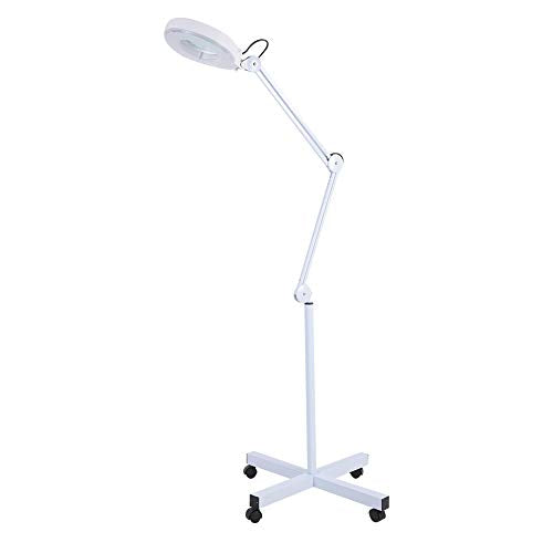 Magnifying Floor Lamp, 5X Glass Lens LED Magnifier Light Rolling Floor Standing Salon Beauty Skincare Tattoo Manicure Equipement with Adjustable - White