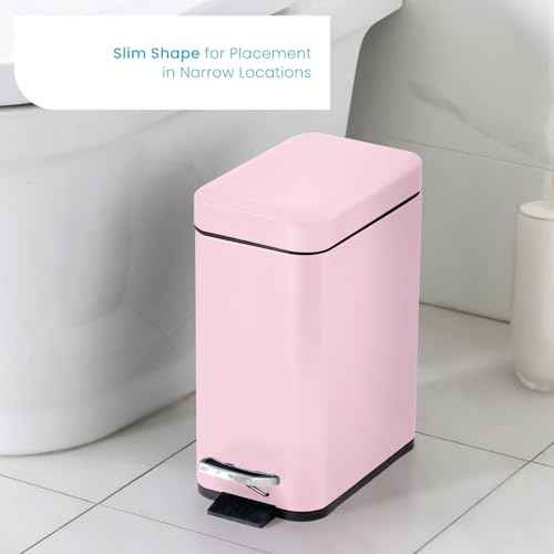 Home Zone Living 1.3 Gallon Small Bathroom Trash Can with Lid and Step Pedal, Stainless Steel Wastebasket with Slim Design for Home and Office, Matte Pink, 5 Liters