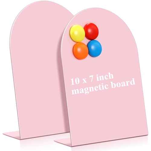 Shimeyao 2 Pcs Pink Magnetic Bulletin Board for Tabletops with 8 Magnets 10x7 Inch Memo Display Easel Stand for Home Office School Kitchen Table Supplies (Arched)