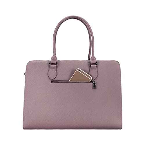 MOSISO Women Laptop Tote Bag (15-16 inch), PU Leather Large Capacity with 3 Layer Compartments Business Work Briefcase Shoulder Laptop Bag, Purple