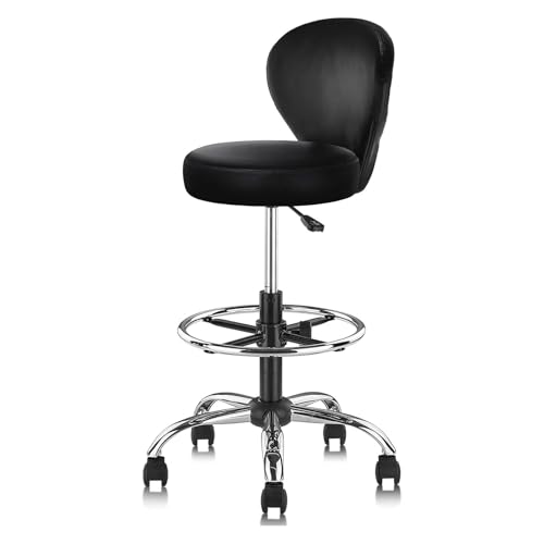 KLASIKA Black PVC Faux Leather Drafting Chair Rolling Stool 36in Adjustable Back/Foot Rest