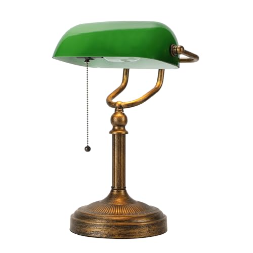 NISSAFORS Bankers Desk Lamp, Green Glass Shade, Vintage Desk Lamp with Pull Chain Switch, Retro Table Lamps for Home Office (Retro Gold+Green, Large)