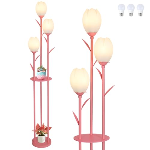 Pink Floor Lamp for Bedroom, 3-Light Flower Floor Lamp with Table, Corner Standing Lamps for Living Room, Tall Flower Lamp for Office, Girls Room, Unique Lighting Decor (Bulbs Included)