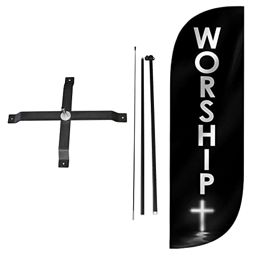 LookOurWay Feather Flag Set - 5ft Tall Advertising Banner Flag with Pole Kit and X-Stand for Business Promotion - Worship Church