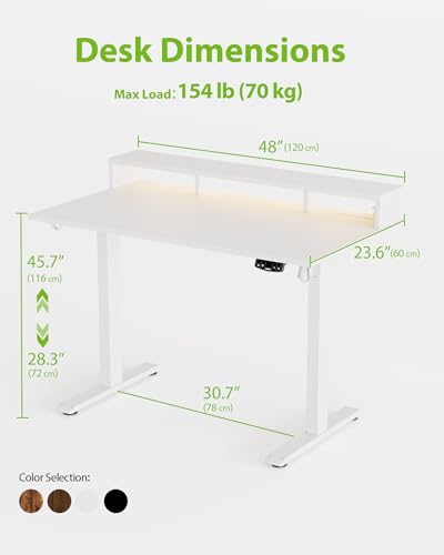 Agilestic 48x24 Inch White Electric Standing Desk with LED Light & Power Strip - Adjustable Height, Modern Home Office & Gaming Desk