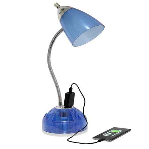 Simple Designs LD1015-CBL-LB 19.5" Flossy Organizer Desk Lamp with Charging Outlet Lazy Susan Base and LED Bulb, Blue