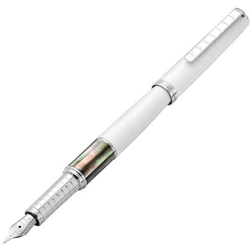Xezo Speed Master Fountain Pen, Extra Fine Nib. Matte White with Tahitian Black Mother of Pearl. Chrome Plated. Lightweight Brass Body. No Two Alike. Etched With a Serial Number