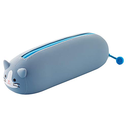 LIHIT LAB PuniLabo Gray Cat Zipper Pen Pouch 2.5x7.9in Silicone Cosmetic Organizer