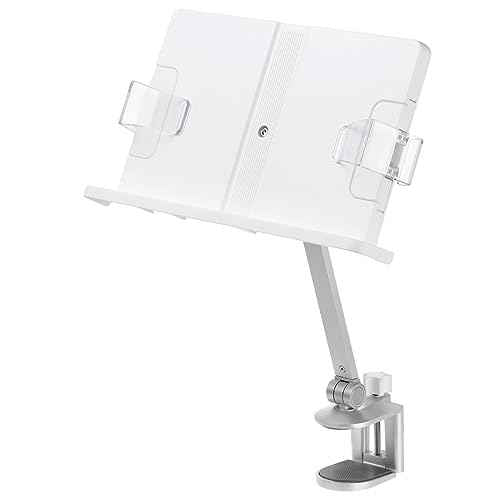 YOKIVE Book Stand for Reading, Adjustable Holder with 360¡Æ Rotating Arm & Page Clips, Portable Sturdy Book Holder, Great for Textbook (Silver, 10.3-inch)