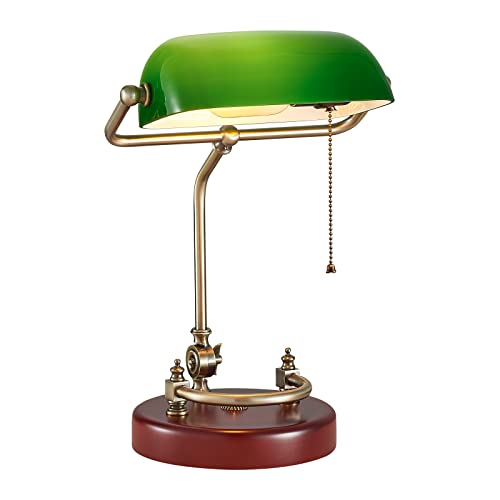 Bankers Lamp, Traditional Green Desk Lamp with Solid Birch Wood Base, Green Glass Antique Library Lamp with Pull Chain Switch, Plug in Vintage Bankers Desk Lamp for Office, Study Room ¡¼E26 Socket¡½