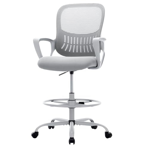 Sweetcrispy Tall Drafting Chair with Footrest, Grey, 45in High Office Desk Chair