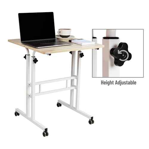 Mind Reader Standing Desk, Adjustable Height Laptop Workstation, Portable Rolling Desk on Wheels, Two-Tier Metal Frame, White