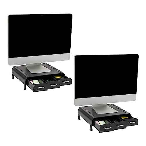 Mind Reader Monitor Stand, 3 Storage Drawers, Desktop Organizer, Riser, Office, 13.5"L x 13"W x 4"H, Set of 2, Black