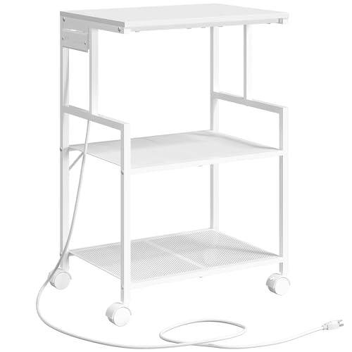 Mobile Printer Stand, 3-Tier Industrial Printer Cart with 2 AC Outlets and 2 USB Ports, Rolling Printer Table on Wheels for Home Offices Kitchen Organization Rack, White PTWT78E01
