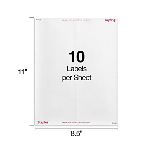 Staples Laser/Inkjet Address Labels, Easy-to-Peel Printable Sticker Paper, 2 x 4 Inch, 10-Labels Per Sheet, 100-Pack, White