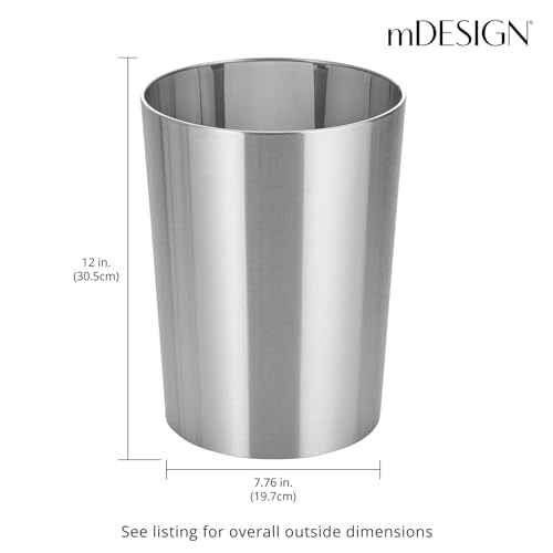 mDesign Stainless Steel Round Metal Trash Can, Small 2.8 Gallon Wastebasket, Garbage Basket Bin for Bathroom, Bedroom, Kitchen, or Home Office, Holds Waste and Recycle, Mirri Collection, Brushed