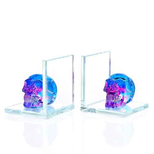 Book Ends for Shelves, Glass Bookends with Blue and Purple Crystal Skull, Day of The Dead Decor, Non Skid Sturdy Crystal Decorative Bookends for Heavy Books, Office, Set of 2