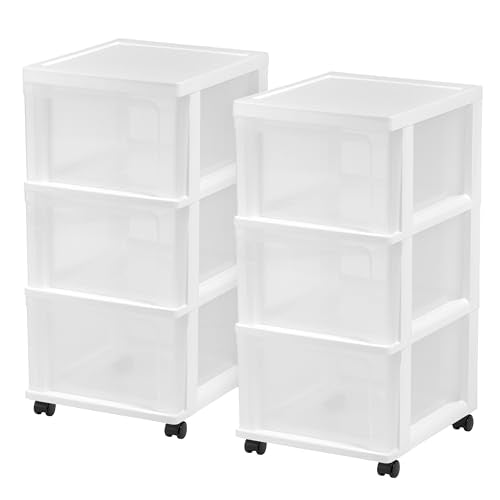 IRIS USA Plastic 3-Drawer Storage Organizer Rolling Cart, with Wheels Casters, 2-Pack, for Classroom Art Supplies Bathroom Dorm Bedroom Laundry Room, Slim Narrow, White/Clear