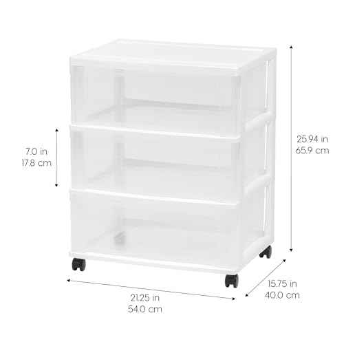 IRIS USA Plastic Drawer Storage Organizer Rolling Cart, with Wheels Casters, 3-Drawers, for Art Craft Supplies Bathroom Dorm Bedroom Laundry Room, Wide, White