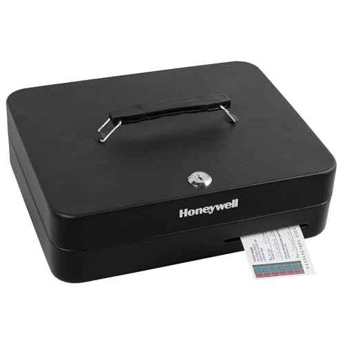 Honeywell Safes & Door Locks - Deluxe Small Cash Box with Removable Money Tray - Storage Under Tray & 8 Coin Slots - Durable Metal Safe with Key Lock - Saving Money Lock Box - Black, 0. 23 CU - 6113