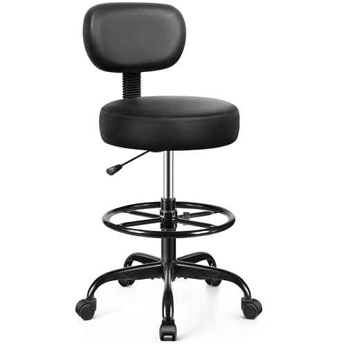 Drafting Chair with Backrest ? Adjustable Foot Rest Rolling Stool with Wheels, PU Leather Swivel Stool for Office Spa Studio Lab Counter Salon Home Work Bar Kitchen Shop(Black)